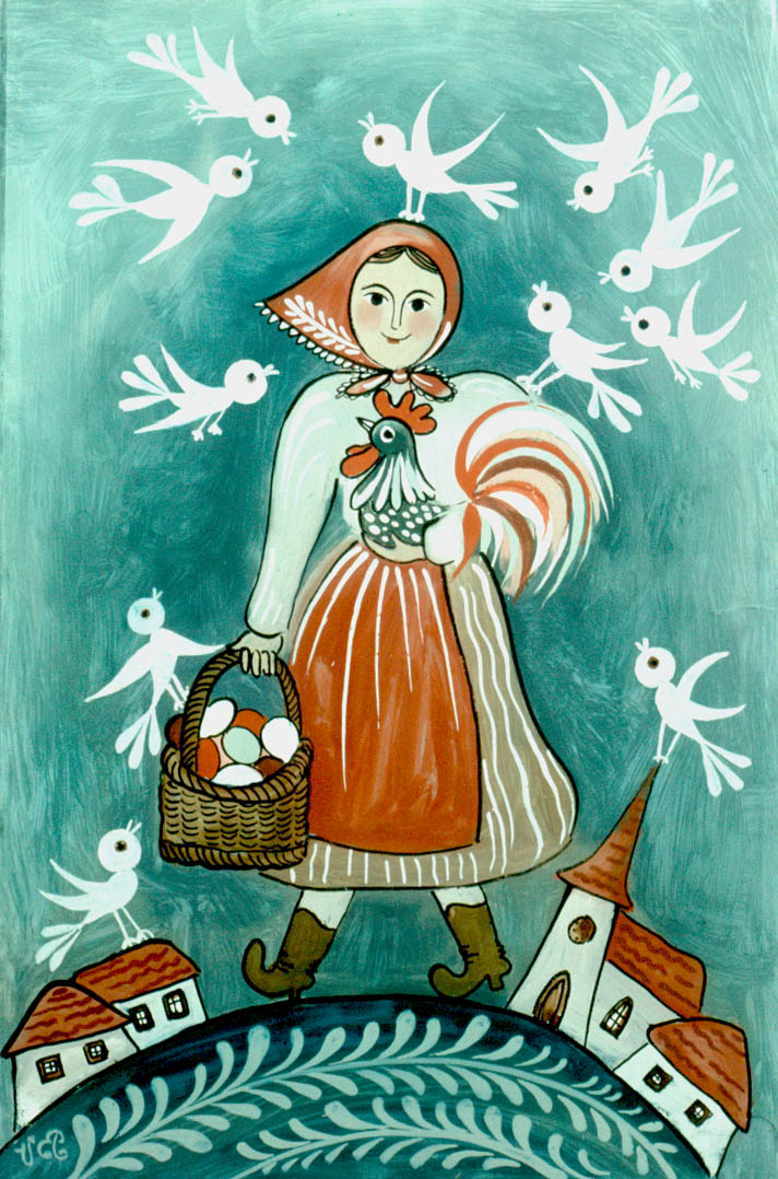 maľba na sklo  Dievča s kohútom autorka Valéria Benáčková