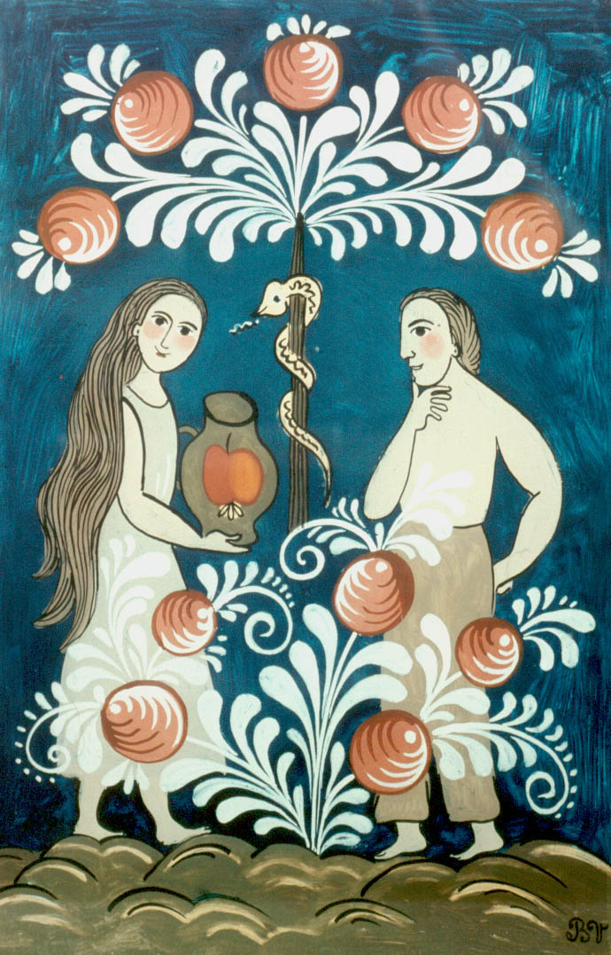 maľba na sklo  Adam a Eva autorka Valéria Benáčková
