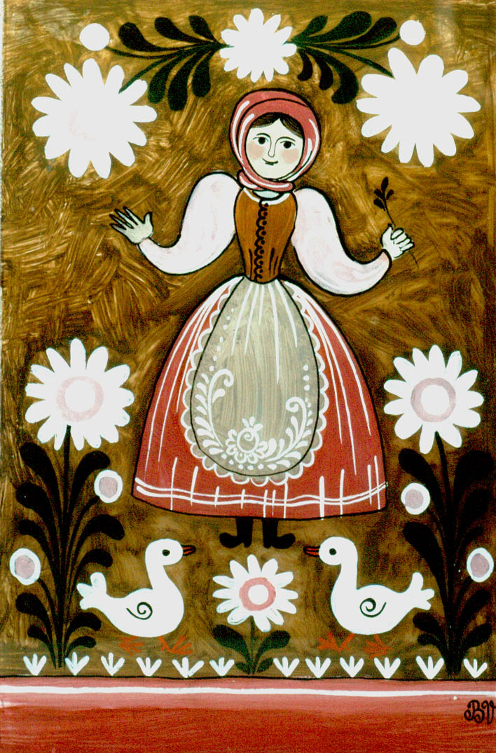 maľba na sklo Dievča s kačkami autorka Valéria Benačková