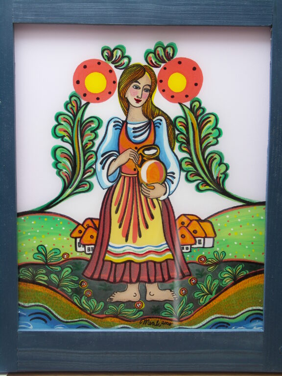 maľba na sklo Dievča s mliečnikom autorka Mária Štrompachová
