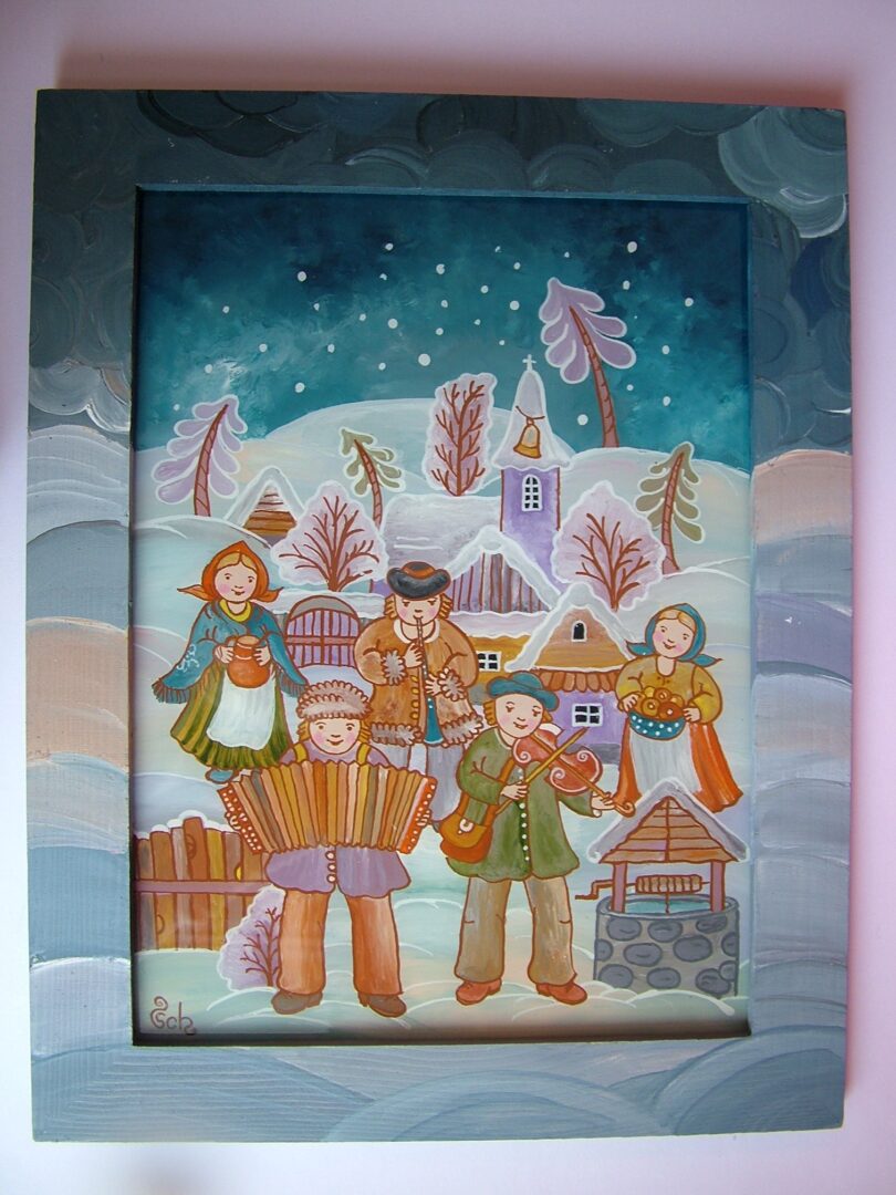 maľba na sklo Zima muzikanti autor Milota Schusterová