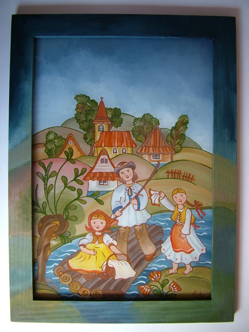 maľba na sklo Deti na plti autor Milota Schusterová