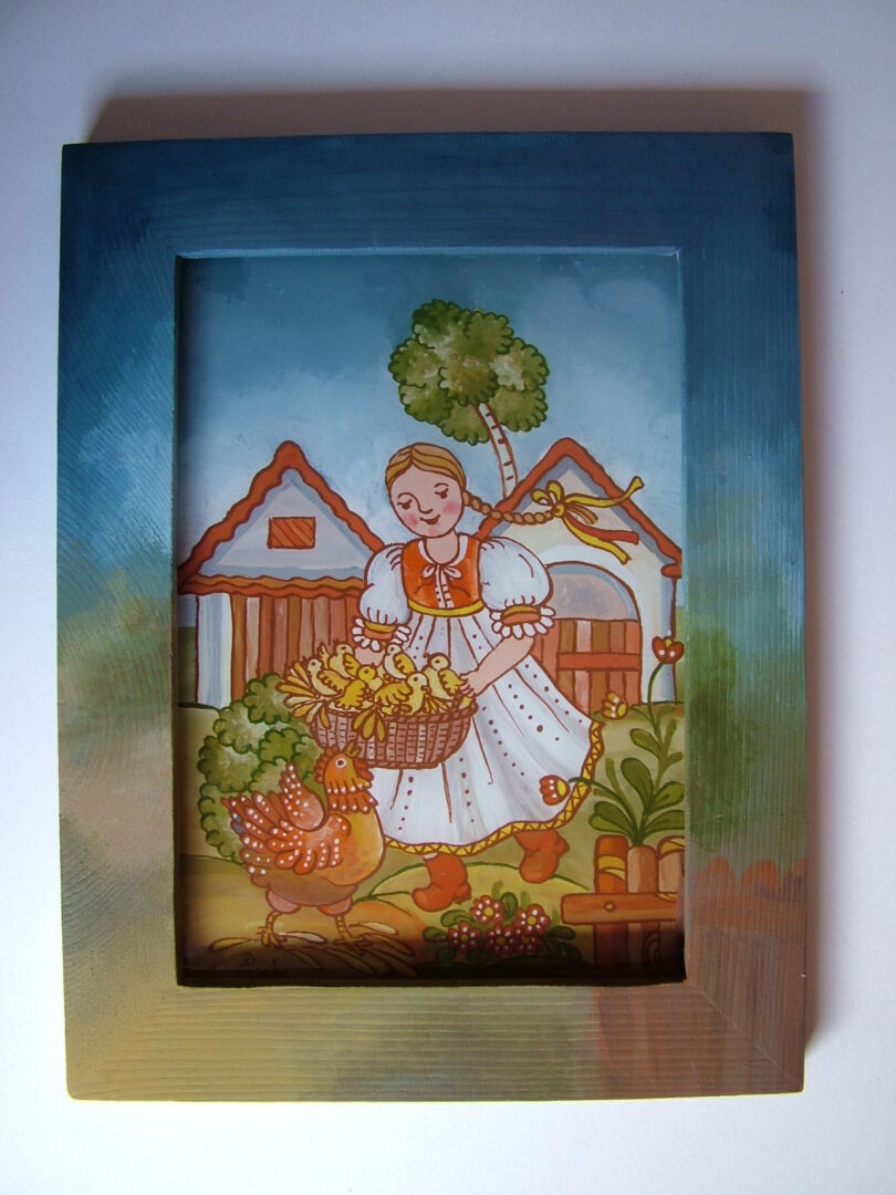 maľba na sklo Dievča s košíkom kuriatok autor Milota Schusterová