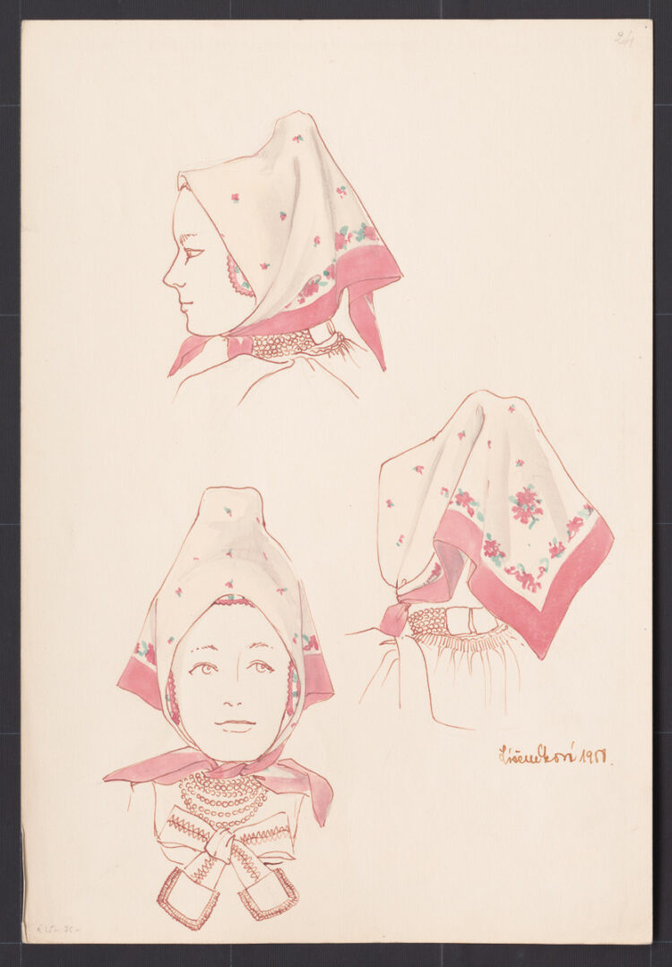 Kresba – šatka – úprava na hlave ženy