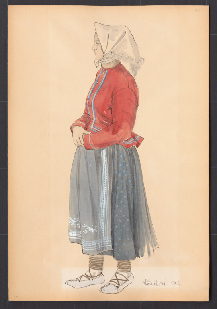 Kresba – žena v pracovnom odeve s vizitkou