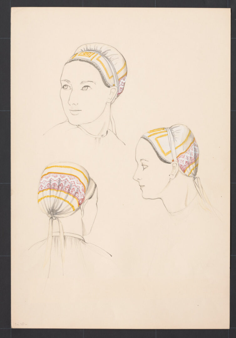 Kresba – ženský čepiec – úprava na hlave