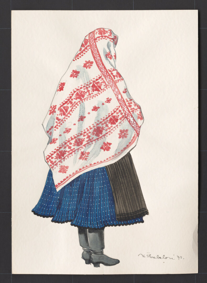 Kresba – vrchný odev staršej ženy v chladnom obdobív