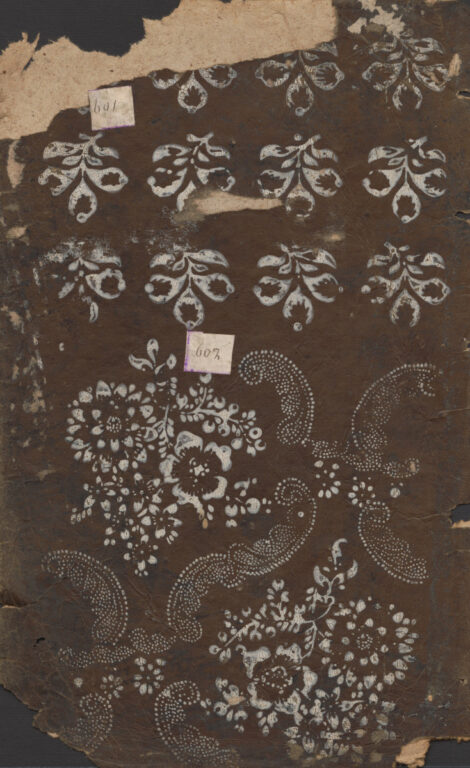 Sample book blue imprint – 14 double sheets, 21 leaves, 14 fragments