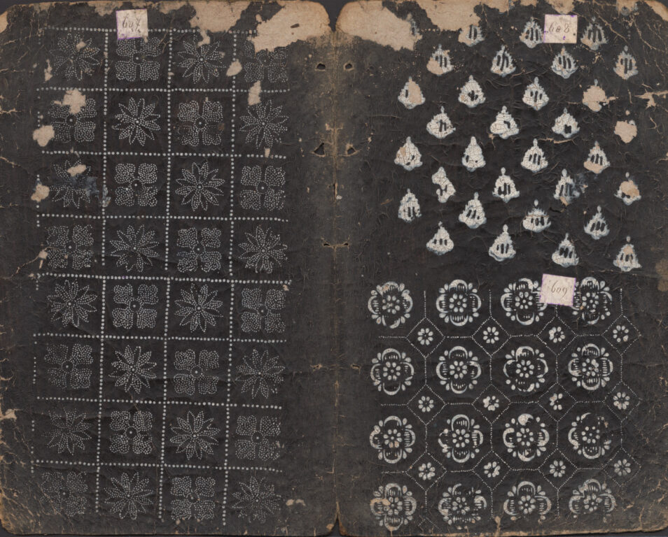 Vzorkovník modrotlačový – 14dvojhárkov,21listov,14fragmentov