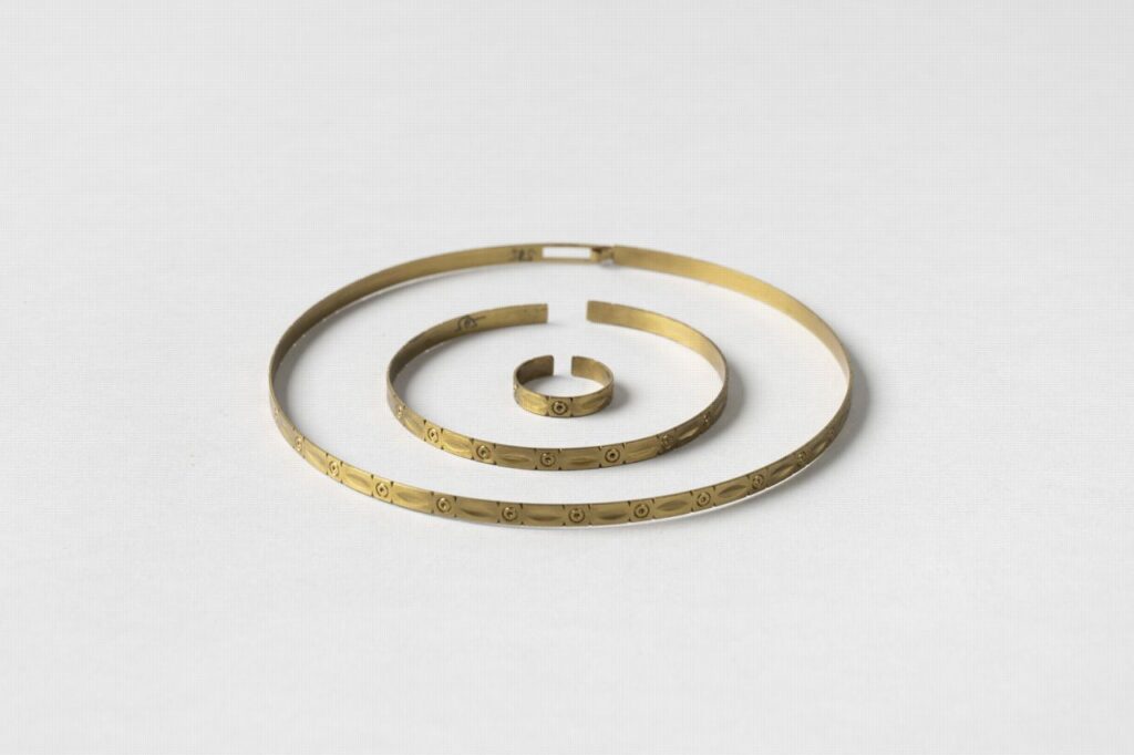 Set of metal jewelry – necklace, bracelet, ring