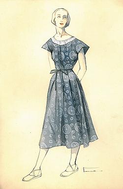 V. Škrabalová- Líčeníková, návrh na modrotlačové šaty, 50-te roky 20. storočia, Múzeum ľudovej umeleckej výroby